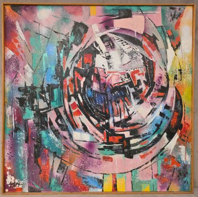 peinture représentant un objet circulaire dans un cadre en bois