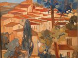 an image of a painting of a village with trees in the foreground