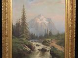an oil painting of a mountain scene with a stream in the foreground
