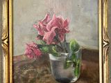 an oil painting of pink flowers in a vase on a table