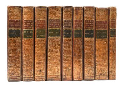 six old books are lined up in a row on a white surface