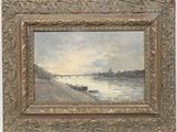 an image of a painting of a river scene with a bridge in the background