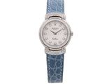 a close up of a watch on a white background with a blue strap