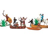 many figurines of people riding on horses and canoes