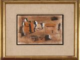 painting of a horse drawn by a man in a stable