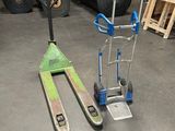 a fork truck and a hand truck in a warehouse