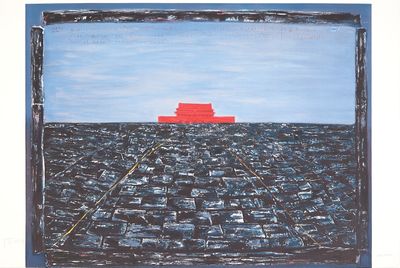 a painting of a red building in the middle of a blue field