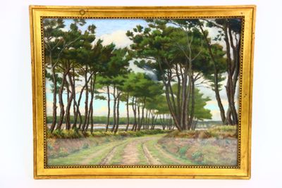 une peinture à l'huile représentant un chemin de terre avec des arbres en arrière-plan