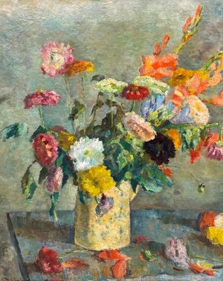 a painting of flowers in a vase on a table