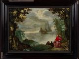 une peinture à l'huile représentant un homme et une femme assis sur un rocher au bord d'une rivière