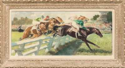 an image of a painting of a horse race going over a fence