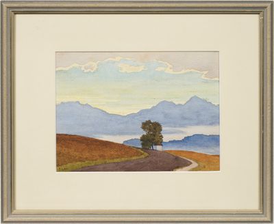 une aquarelle représentant une route avec un arbre solitaire au loin