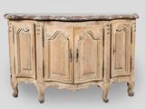 an old wooden cabinet with a marble top on a gray background