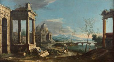 peinture représentant un paysage avec des ruines et un pont au loin