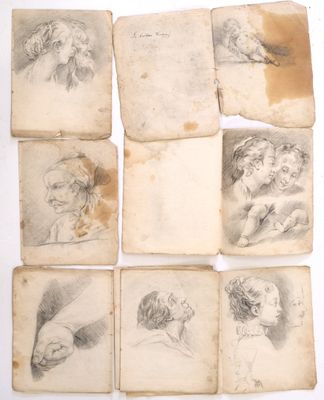 six croquis représentant une tête de femme, une tête de femme, une tête d'homme, une tête de femme et une femme