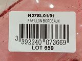 a close up of a label on a pink bag