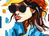 painting of a woman wearing a hat and sunglasses in front of a blue and yellow background