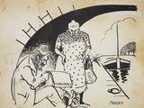 drawing of a man and a woman on a boat with an umbrella