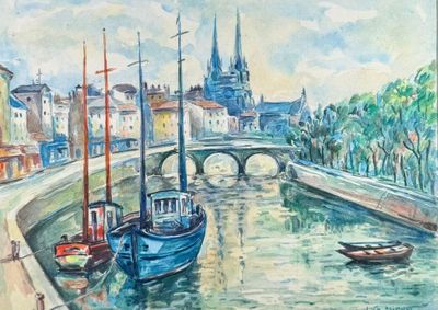 une peinture représentant des bateaux sur l'eau près d'un pont