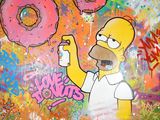 tableau représentant Homer Simpson tenant une bombe de peinture devant une pile de beignets