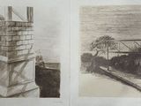 two drawings of a bridge and a building in a book
