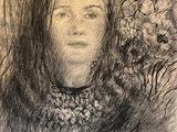 a drawing of a woman ' s face with flowers in her hair