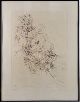 a drawing of a person sitting on a bike in a room