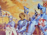 a painting of two knights riding on horses with flags