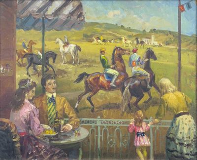 une peinture représentant un groupe de personnes à cheval dans un champ