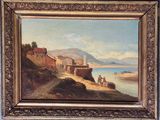 une peinture à l'huile représentant un village au bord de l'eau, avec un cheval et un homme