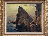 une peinture à l'huile représentant une côte rocheuse, avec des rochers au premier plan et un ciel jaune en arrière-plan