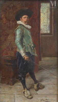 une image représentant un tableau où l'on voit un homme vêtu d'un manteau vert et d'un chapeau, tenant une épée