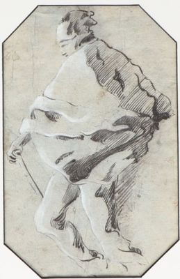 an old drawing of a man in a kimono robe holding a cane
