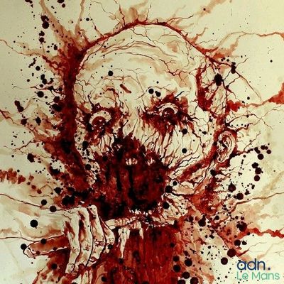 un dessin représentant un crâne couvert d'éclaboussures de sang