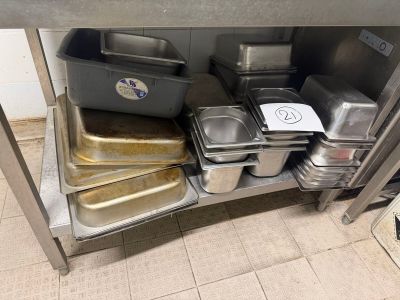 many pans and pans on the shelf in the kitchen