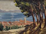 a painting of a view of a town from the top of a hill