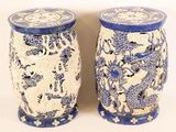 pair of blue and white vases with dragon designs on them