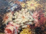 an oil painting of flowers in a vase on a ledge
