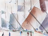 a picture of a watercolor painting of people on the beach