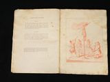 an open book with a drawing of a man on a pole