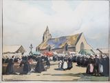 a painting of a group of people standing in front of a church