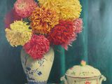 a painting of flowers in a vase and a teapot on a table