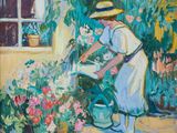 une peinture à l'huile représentant une femme en train d'arroser des fleurs dans un jardin