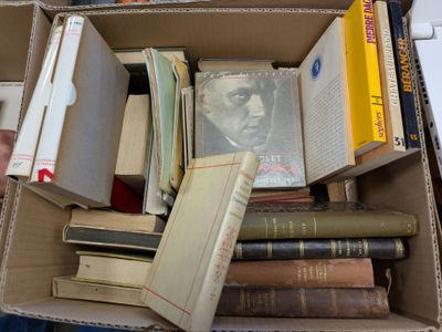 a cardboard box filled with books and other books