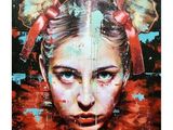 painting of a woman ' s face in a red dress with a bow on her head