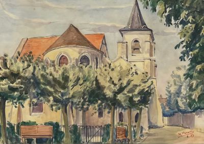 R. HERSON Vue d'une église Aquarelle Signée R. HERSON et dat…