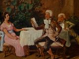 a painting of a man and woman sitting at a table