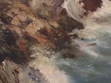 painting of a rocky coast with waves crashing against the rocks