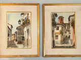 two paintings of a street with buildings and a clock on a wall