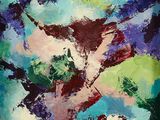 abstract painting of colorful flowers in a vase on a blue background
